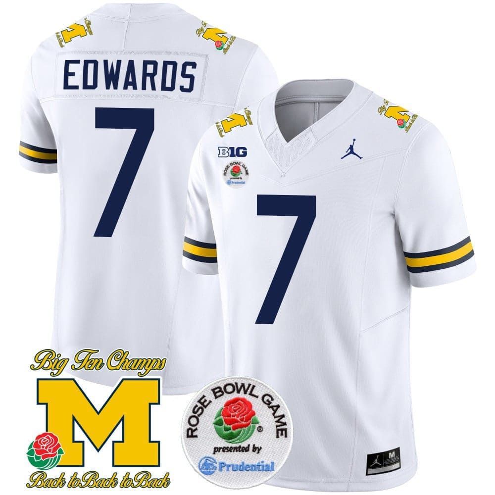 Men Michigan Wolverines #7 Edwards White 2024 Rose Bowl Patch Vapor Limited NCAA Jersey